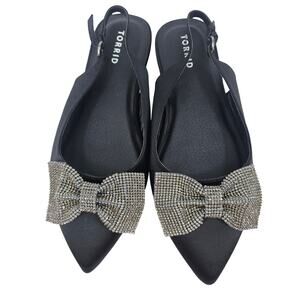 Torrid Black Embellished Bow Pointed Toe Slingback Flat Shoe 10 WW Coquette
